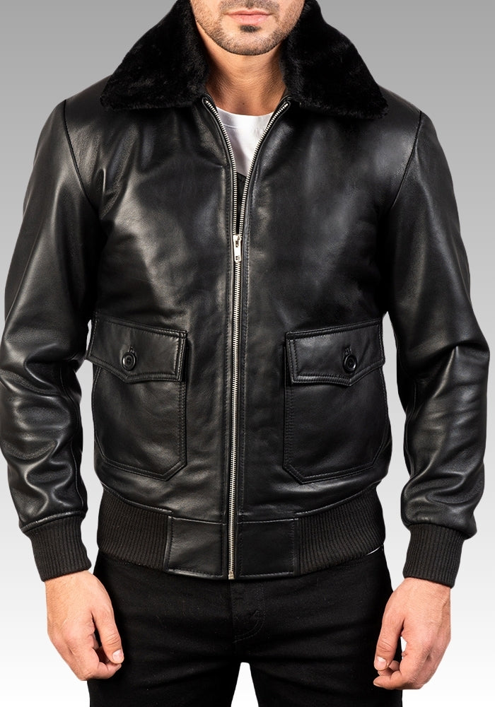Airin G-1 Shearling-Style Black Leather Bomber Jacket for sale