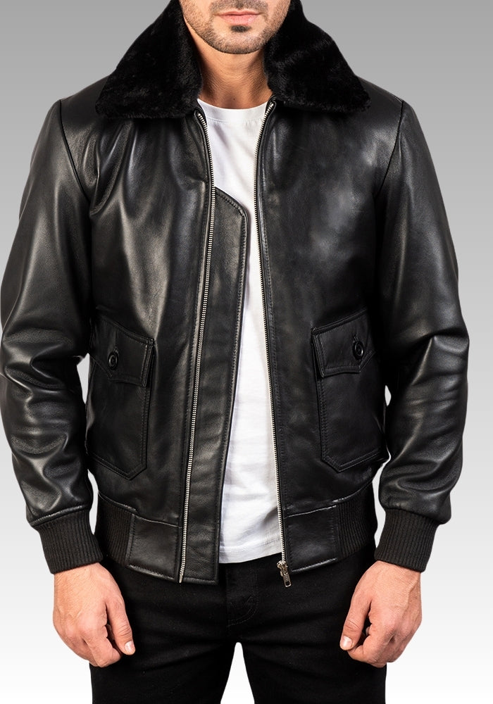 Airin G-1 Shearling-Style Black Leather Bomber Jacket for sale
