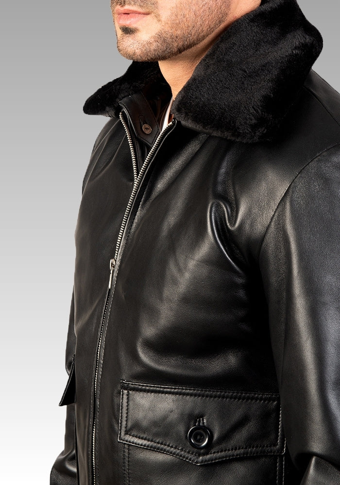 Airin G-1 Shearling-Style Black Leather Bomber Jacket for sale