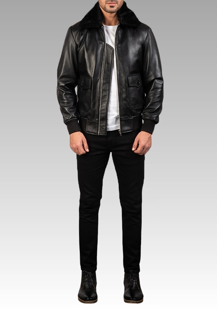 Airin G-1 Shearling-Style Black Leather Bomber Jacket for sale