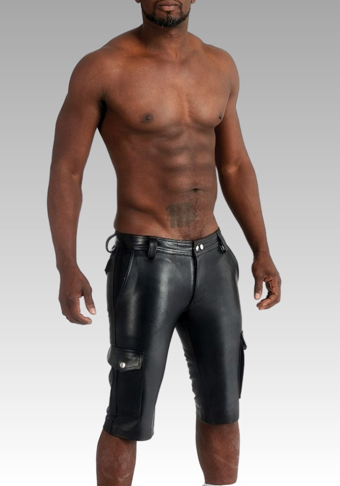 Black Leather Cargo Shorts for sale