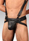 Center Stripe Leather Jockstrap - Black for sale