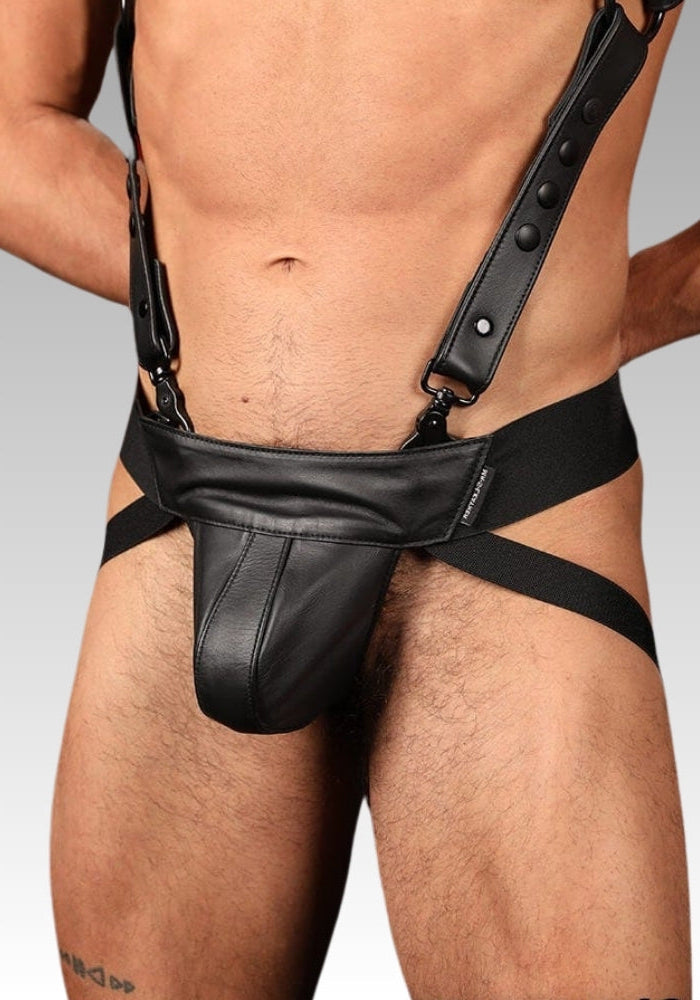 Center Stripe Leather Jockstrap - Black for sale