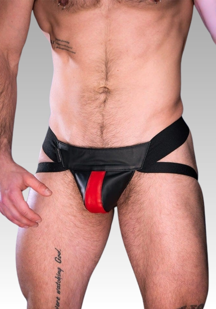 Center Stripe Leather Jockstrap - Red for sale