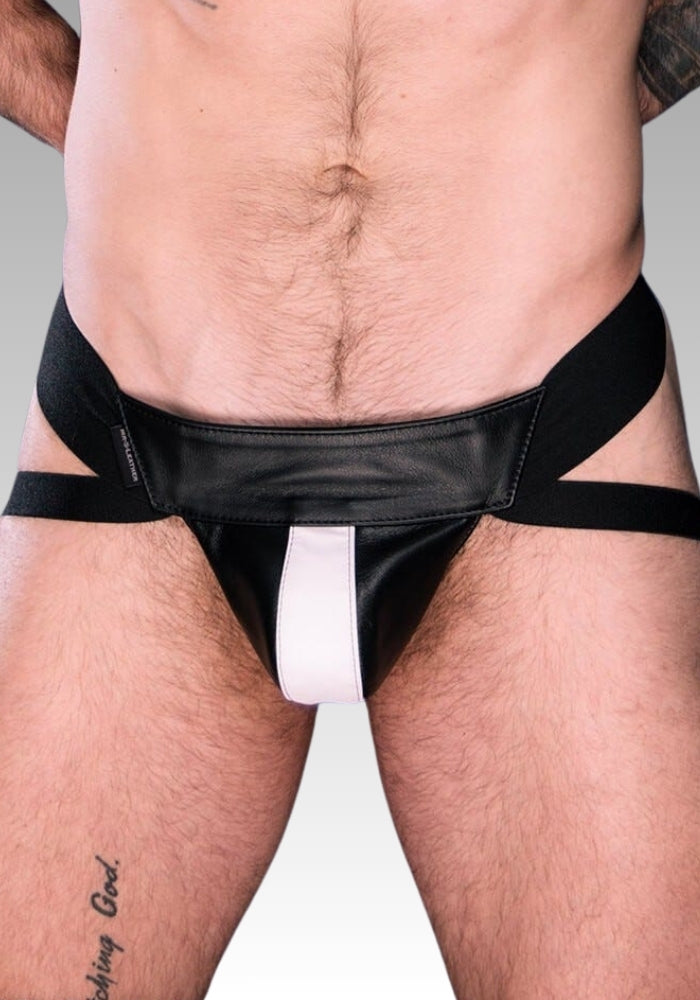 Center Stripe Leather Jockstrap - White for sale