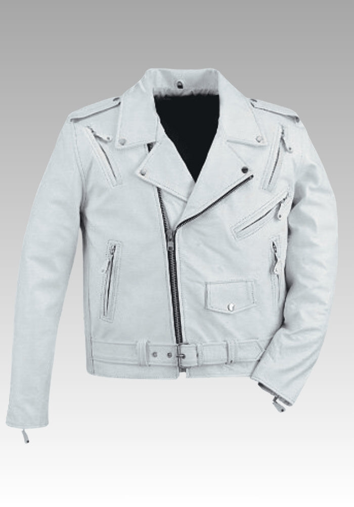 Classic White Leather Biker Jacket for sale