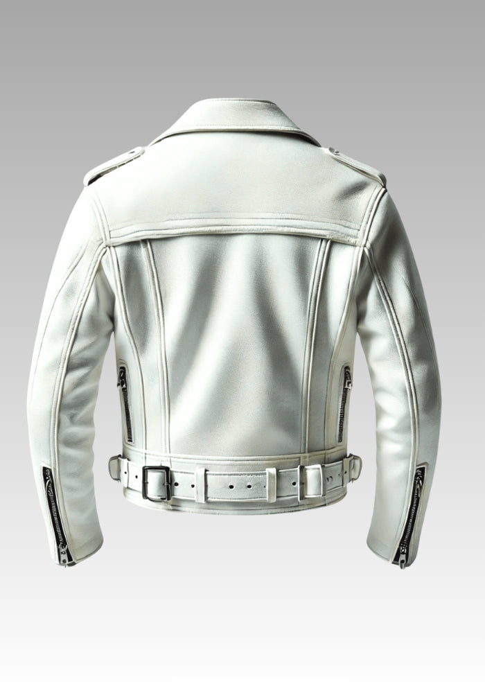 Classic White Leather Biker Jacket for sale