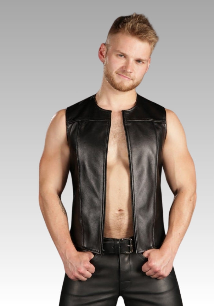 Front Zip Leather Vest Piped for sale