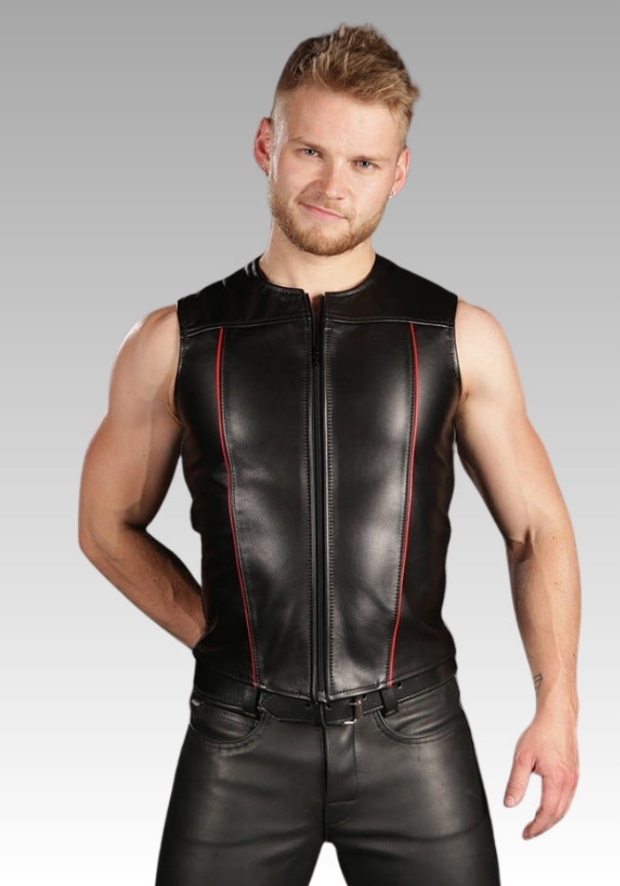 Front Zip Leather Vest Piped for sale