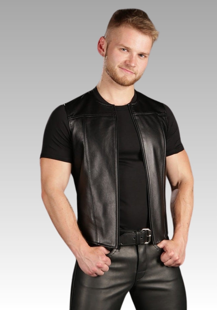 Front Zip Leather Vest Piped for sale