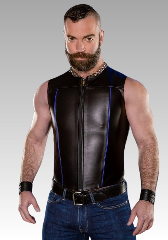 Front Zip Leather Vest Piped for sale