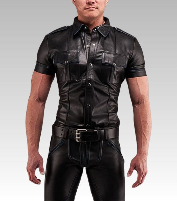 Leather Uniform Shirt Blue Piping for sale