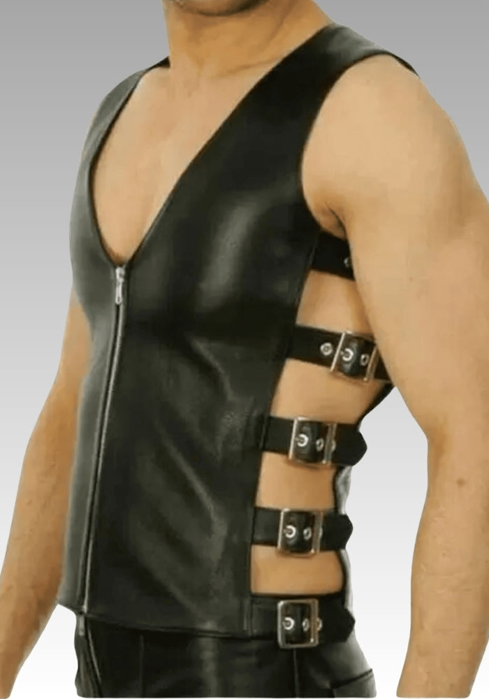 Men’s Black Leather Biker Vest - Zipper Front & Side Buckles for sale