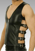 Men’s Black Leather Biker Vest - Zipper Front & Side Buckles for sale