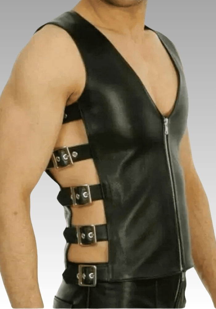Men’s Black Leather Biker Vest - Zipper Front & Side Buckles for sale