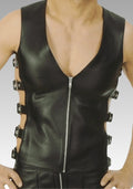 Men’s Black Leather Biker Vest - Zipper Front & Side Buckles for sale