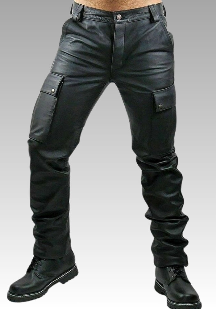Men’s Black Leather Cargo Pants for sale