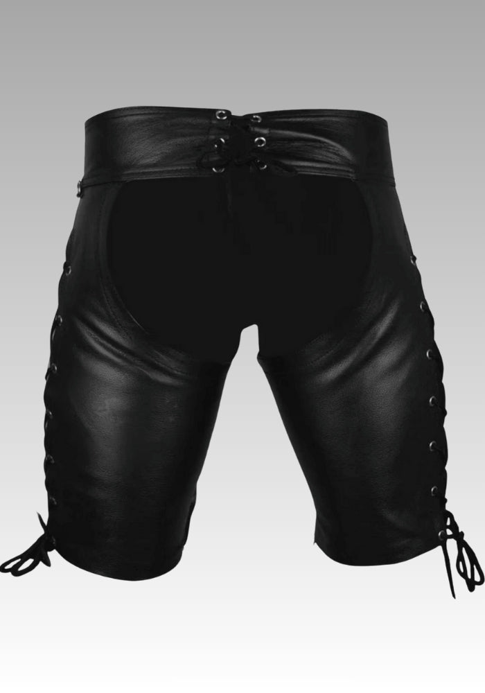 Men’s Black Leather Fetish Shorts - Lace-Up for sale