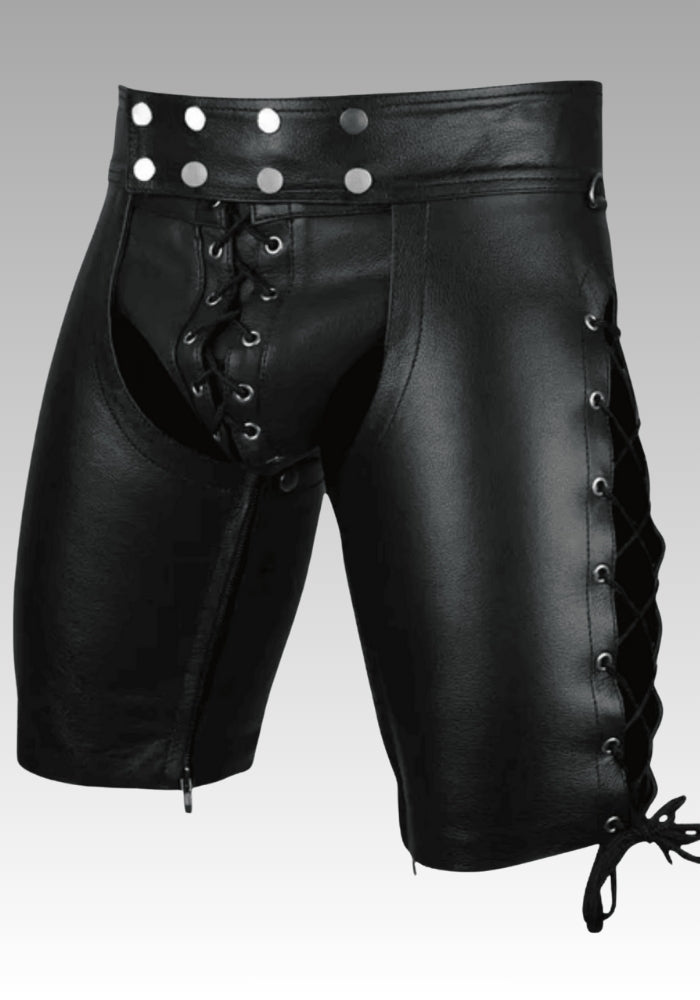 Men’s Black Leather Fetish Shorts - Lace-Up for sale