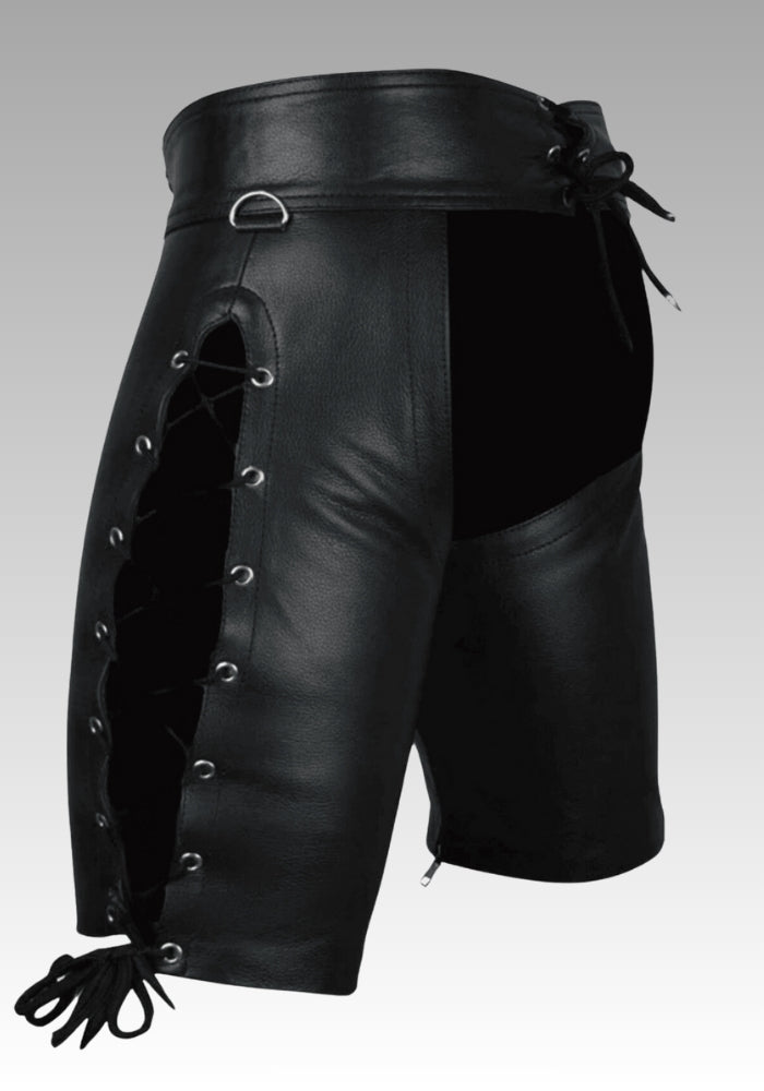 Men’s Black Leather Fetish Shorts - Lace-Up for sale