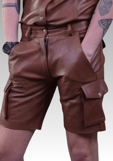 Men’s Brown Leather Cargo Shorts for sale