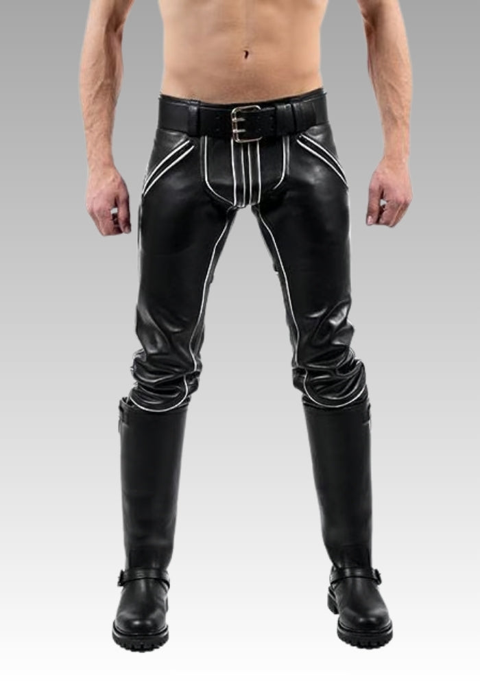 Men’s Leather Pants with White Piping for sale