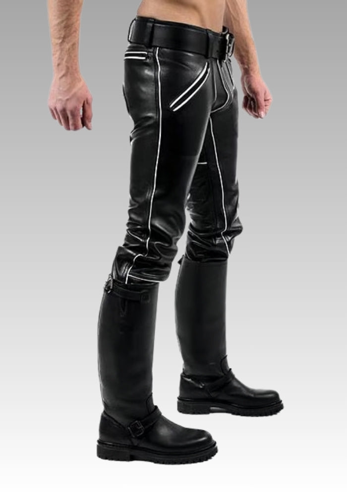 Men’s Leather Pants with White Piping for sale