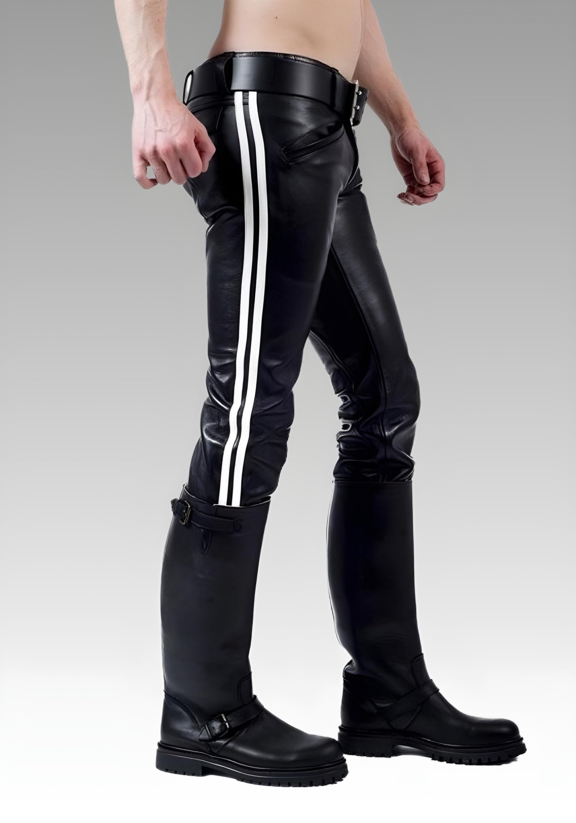 Men's Leather Pants with White Stripes for sale