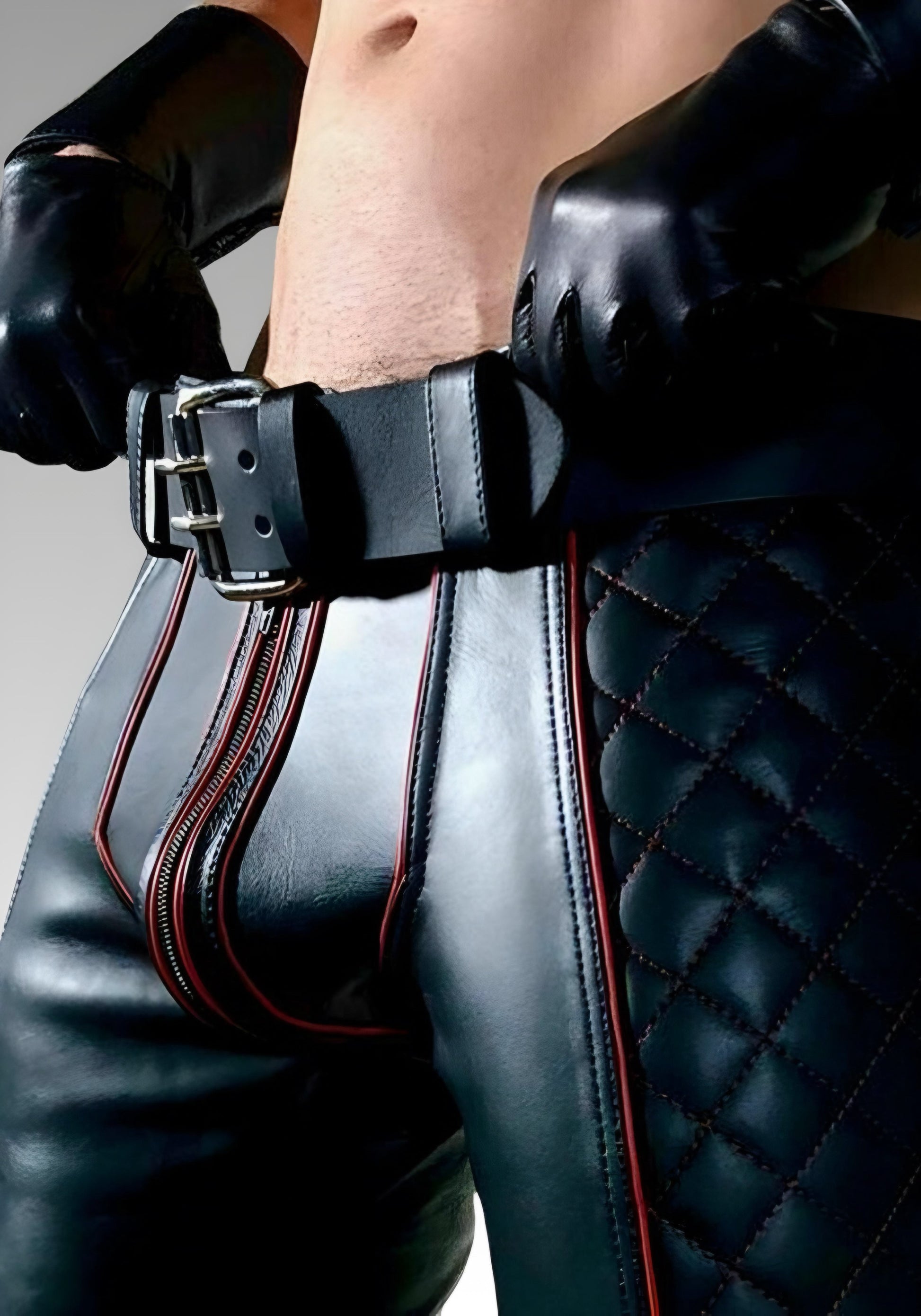 Men’s Quilted Leather Uniform Pants - Red Piping for sale