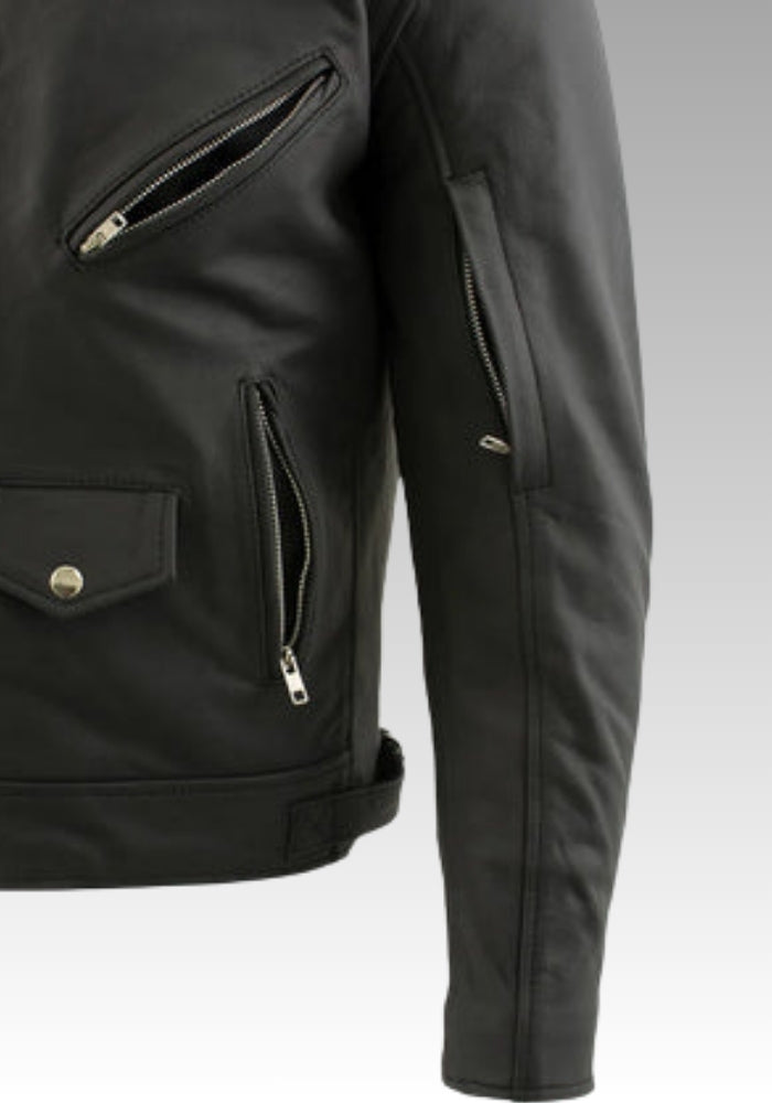 Black jacket with zippers and buttons on a light gray background