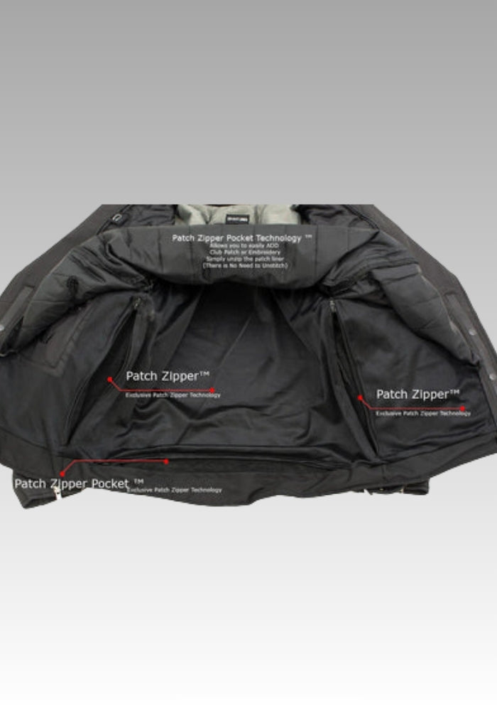 Black jacket with 'Patch Zipper Pocket' technology on a gray background for sale