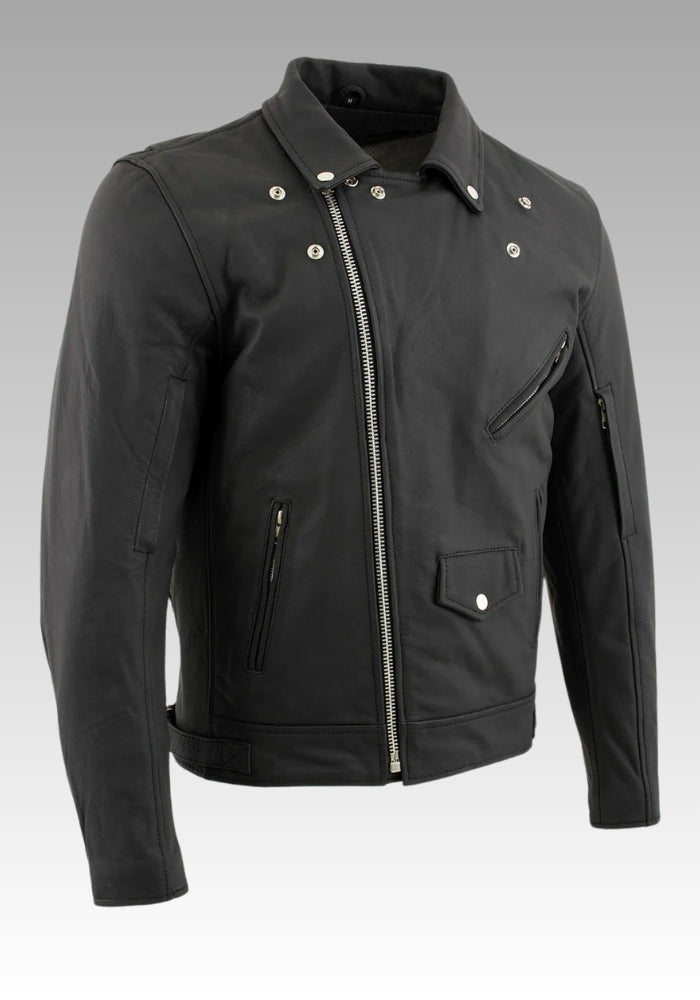 Black jacket with silver zippers on a gray for sale