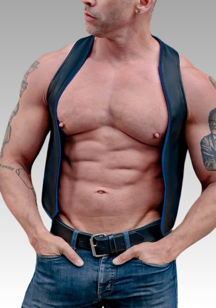 Piped Berlin Bar Leather Vest - Blue for sale