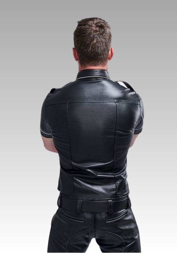 Short Sleeve Leather Uniform Shirt – White Piping for sale
