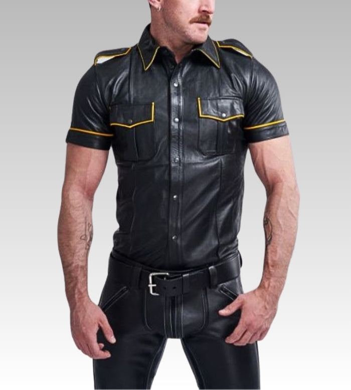 Short Sleeve Leather Uniform Shirt – Yellow Piping for sale
