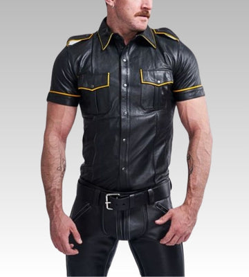 Short Sleeve Leather Uniform Shirt – Yellow Piping for sale