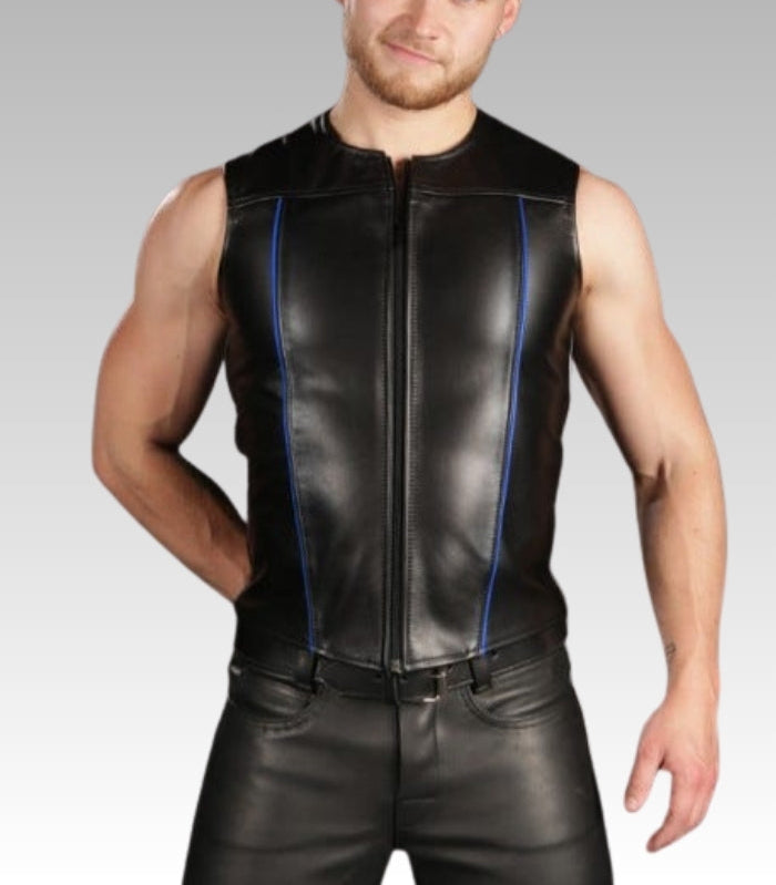 Front Zip Leather Vest Piped for sale