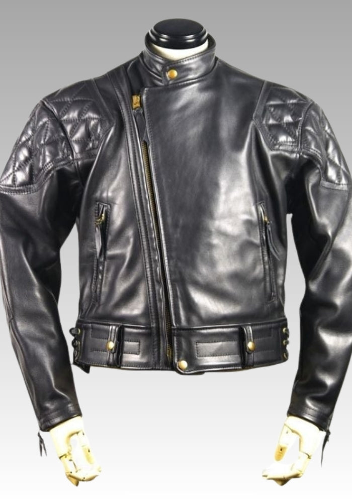Black leather jacket on a mannequin against a gray background