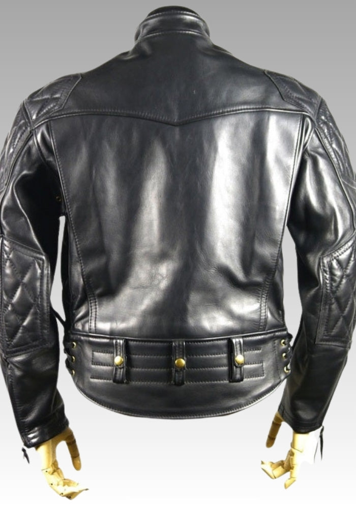 Black leather jacket on a mannequin against a gray background