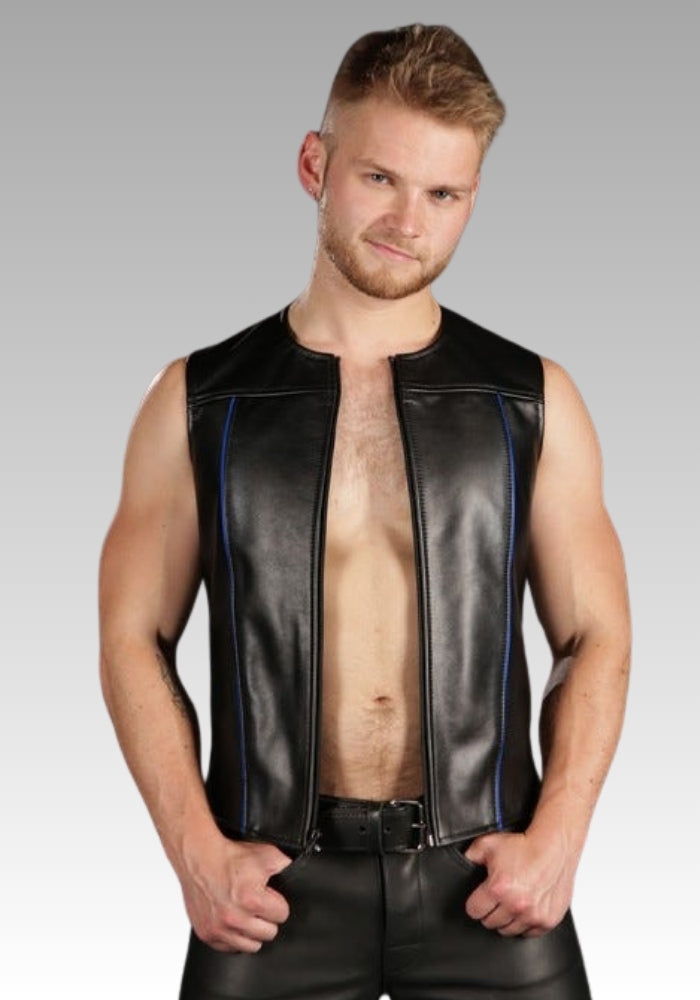  Front Zip Leather Vest Piped for sale